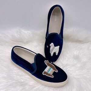 Saludos | Llamas in Love blue velvet slip on 11 sneakers.